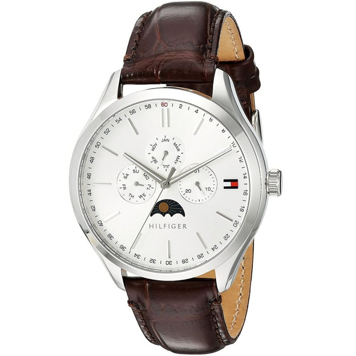 Tommy Hilfiger Men’s Silver Moonphase Watch with Brown Leather Strap 1791304 - Authentic