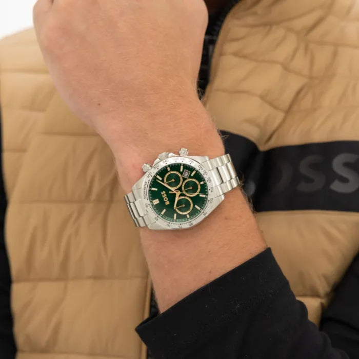 Hugo Boss Green Dial Chronograph Stainless Steel Watch 1514268 - Authentic