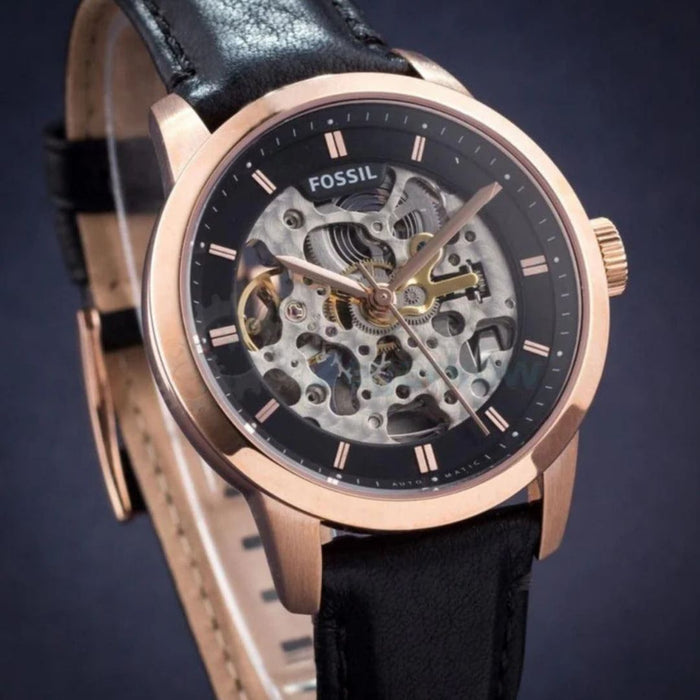 Fossil Townsman Automatic Rose Gold Skeleton Watch – Black Leather Strap - ME3084 - Authentic