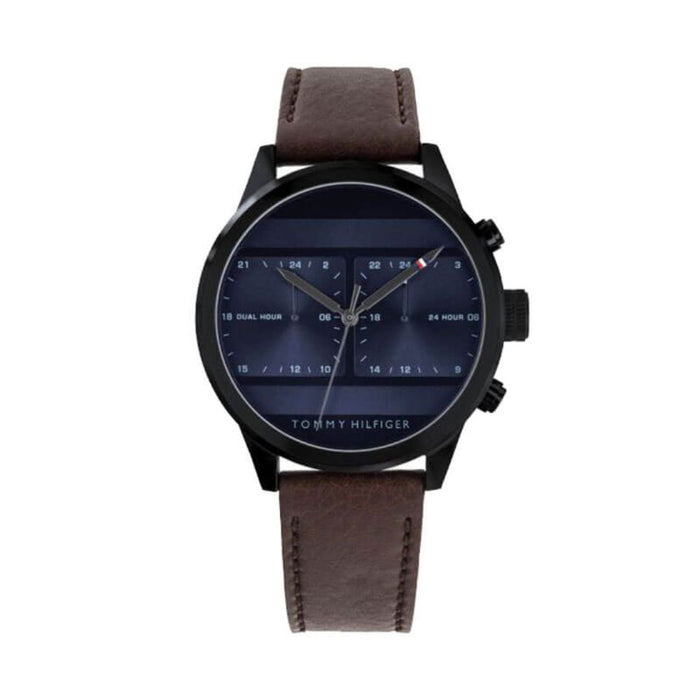 Tommy Hilfiger Men’s Dual Time Black Watch with Brown Leather Strap 1791593 - Authentic