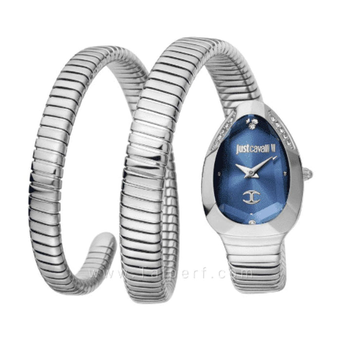 Just Cavalli Women's Silver Snake Coil Watch – Blue Dial jc1l209m0025 - Authentic