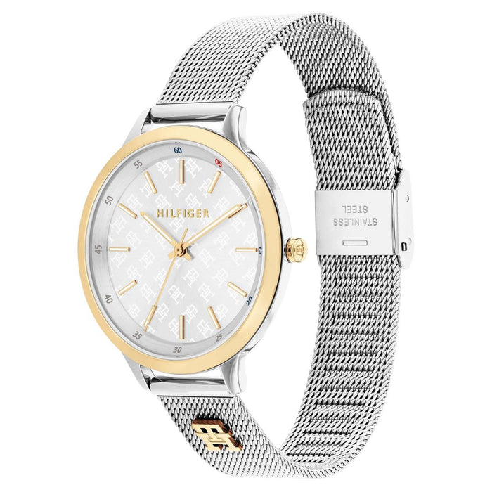 Tommy Hilfiger Silver & Gold Mesh Watch – White Monogram Dial 1782586 - Authentic