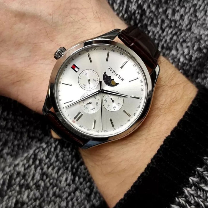 Tommy Hilfiger Men’s Silver Moonphase Watch with Brown Leather Strap 1791304 - Authentic