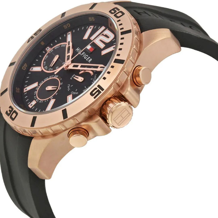Tommy Hilfiger Chronograph Black Dial Rose Gold Case & Black Rubber 1791145 - Authentic