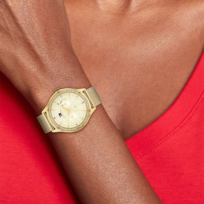 Tommy Hilfiger Gold Mesh Watch with Crystal Bezel for Women 1782655 - Authentic