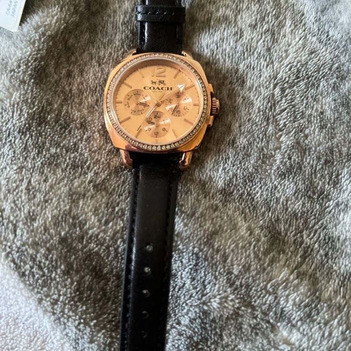 Coach Women’s Crystal Multifunction Watch – Rose Gold Dial, Black Leather Strap 14502125 - Authentic