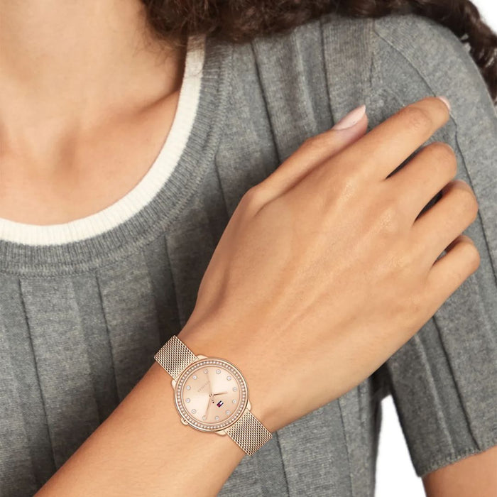 Tommy Hilfiger Rose Gold Crystal Bezel Mesh Watch for Women 1782700 - Authentic