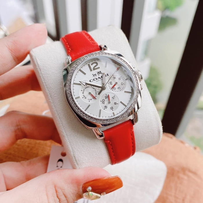 Coach Women’s Crystal Multifunction Watch – Silver Dial, Red Leather Strap 14502171 - Authentic