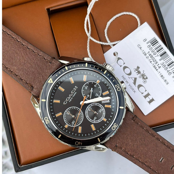 Coach Chronograph Watch – Black Dial with Gold Accents & Brown Leather Strap 14602514 - Authentic