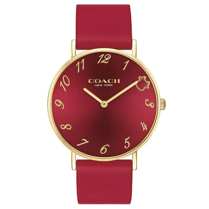 Coach Women’s Minimalist Watch – Burgundy Red Dial, Gold Case, Red Leather Strap 14503722 - Authentic