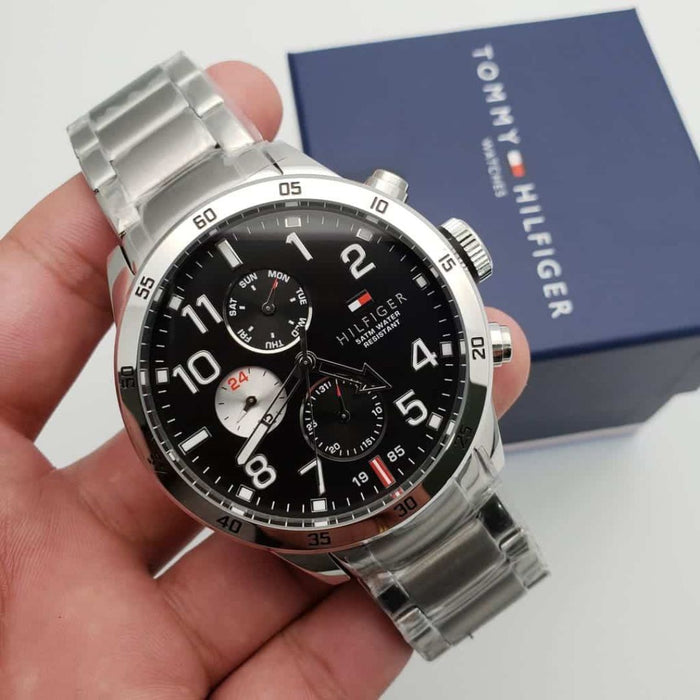 Tommy Hilfiger Men’s Sport Chronograph Black Dial Watch with Silver Stainless 1791141 - Authentic