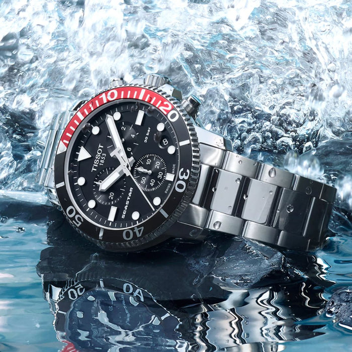 Tissot Seastar Chronograph Black & Red Bezel – 30 Bar t120.417.11.051.01 - Authentic