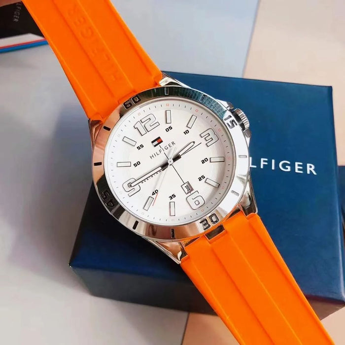 Tommy Hilfiger White Dial Silver Case & Orange Silicone Strap Watch 1791063 - Authentic