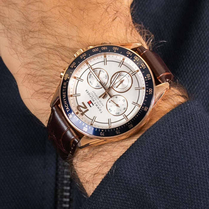 Tommy Hilfiger Rose Gold Chronograph Watch with Brown Leather 1791118 - Authentic