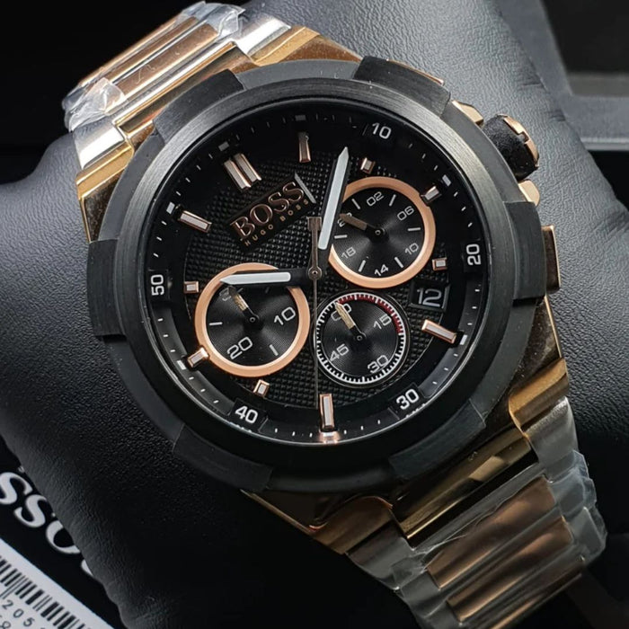 Hugo Boss Champion Chronograph Two-Tone Black & Rose Gold 1513358 - Authentic