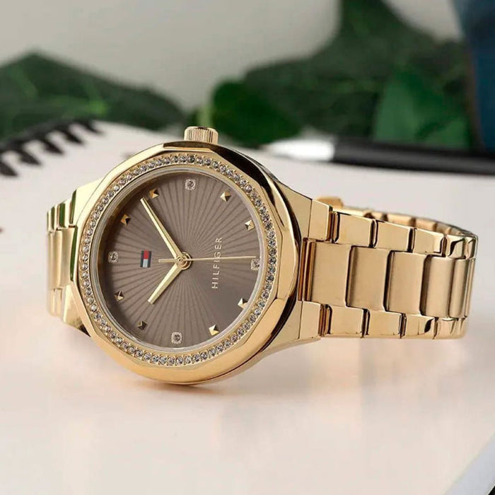 Tommy Hilfiger Gold Crystal Bezel Watch with Champagne Dial 1782725 - Authentic
