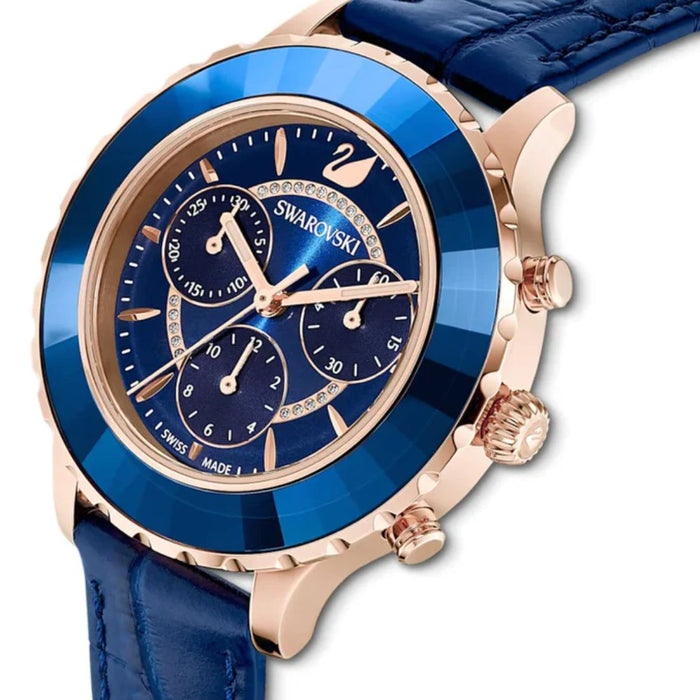 Swarovski Octea Lux Chronograph Blue Leather Watch - 5563480 - Authentic