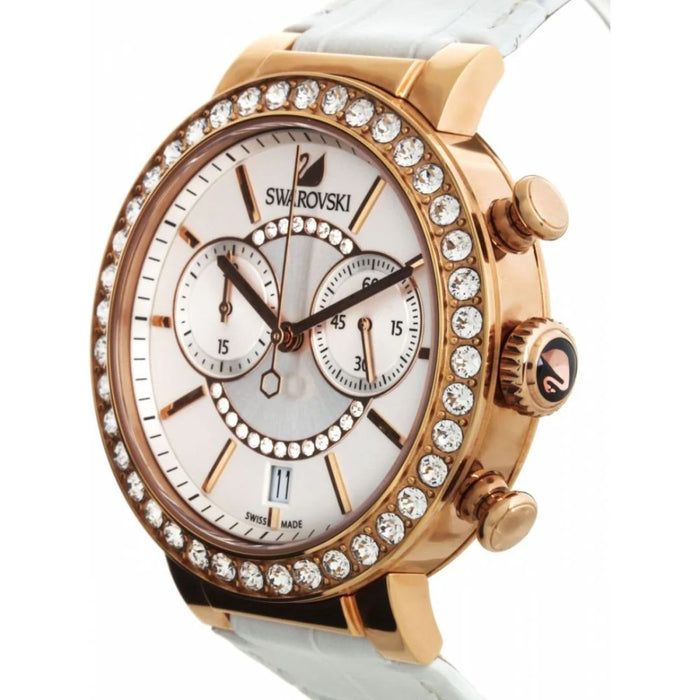 Swarovski Women’s Chronograph Watch – Rose Gold Crystal Bezel & White Leather Strap | Swiss Made 5080602 - Authentic