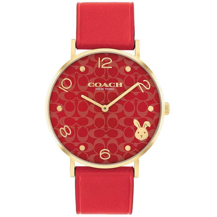 Coach Red Dial Gold-Tone Leather Strap Watch – Women’s Elegant Quartz Timepiece 14503977 - Authentic