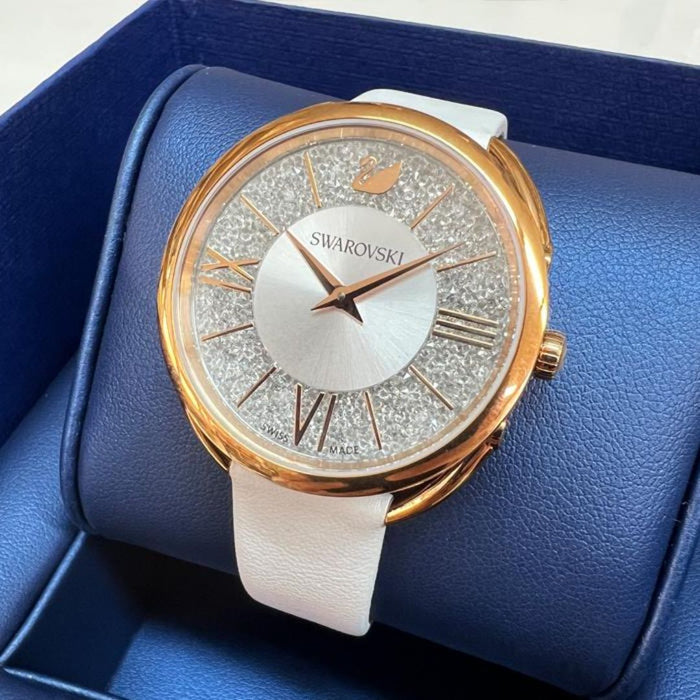 Swarovski Rose Gold Crystal Dial Watch – White Leather Strap | Swiss Made 5452459 - Authentic