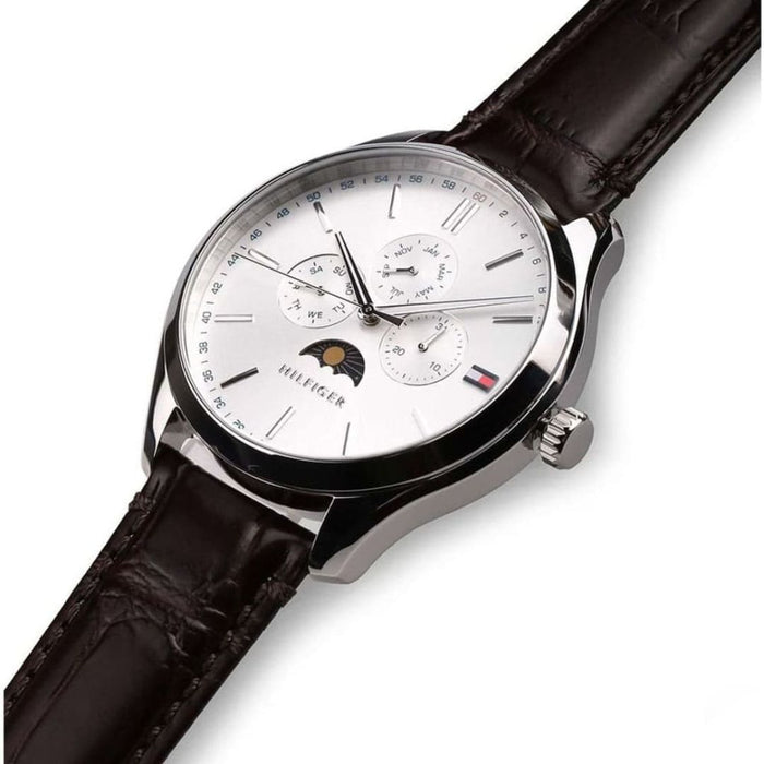 Tommy Hilfiger Men’s Silver Moonphase Watch with Brown Leather Strap 1791304 - Authentic