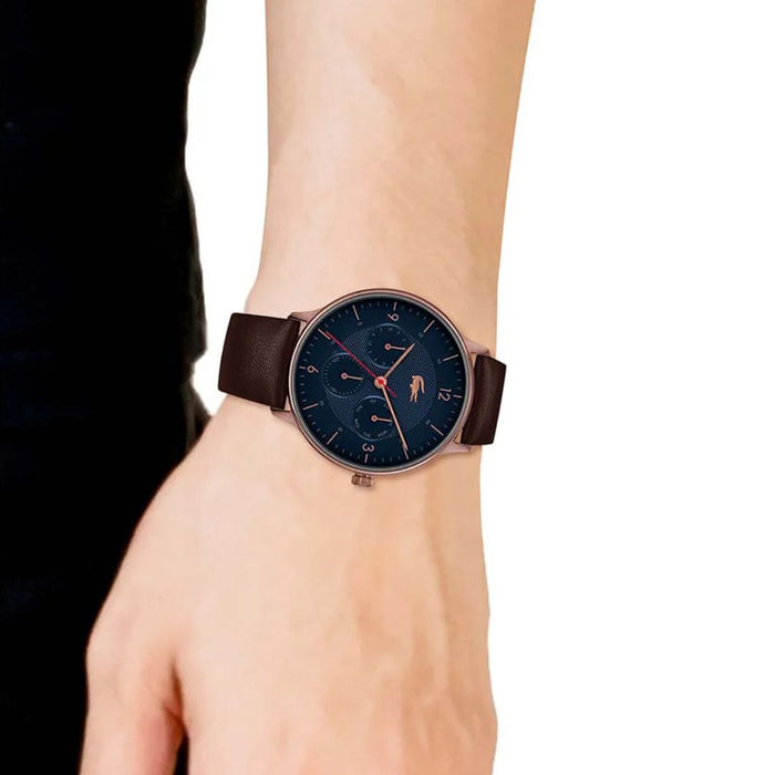 Lacoste Men's Moon Blue Dial Brown Leather Watch - 2011141 - Authentic