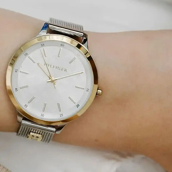 Tommy Hilfiger Silver & Gold Mesh Watch – White Monogram Dial 1782586 - Authentic