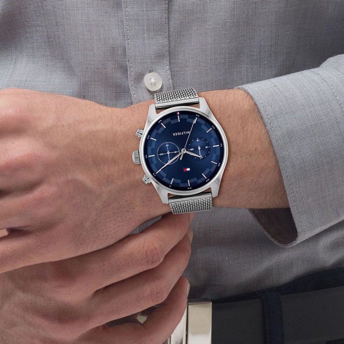 Tommy Hilfiger Blue Chronograph Silver Mesh Strap 1710420 - Authentic