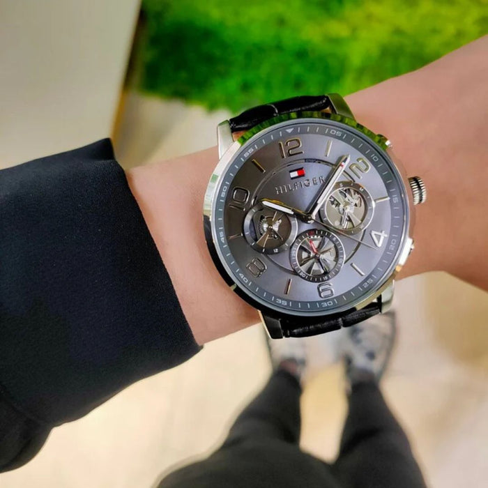 Tommy Hilfiger Black Chronograph Leather Strap Watch for Men 1791289 - Authentic