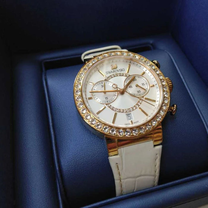 Swarovski Women’s Chronograph Watch – Rose Gold Crystal Bezel & White Leather Strap | Swiss Made 5080602 - Authentic