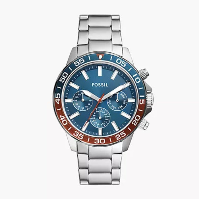 Fossil Blue & Red Bezel Chronograph Stainless Steel Watch - BQ2842 - Authentic