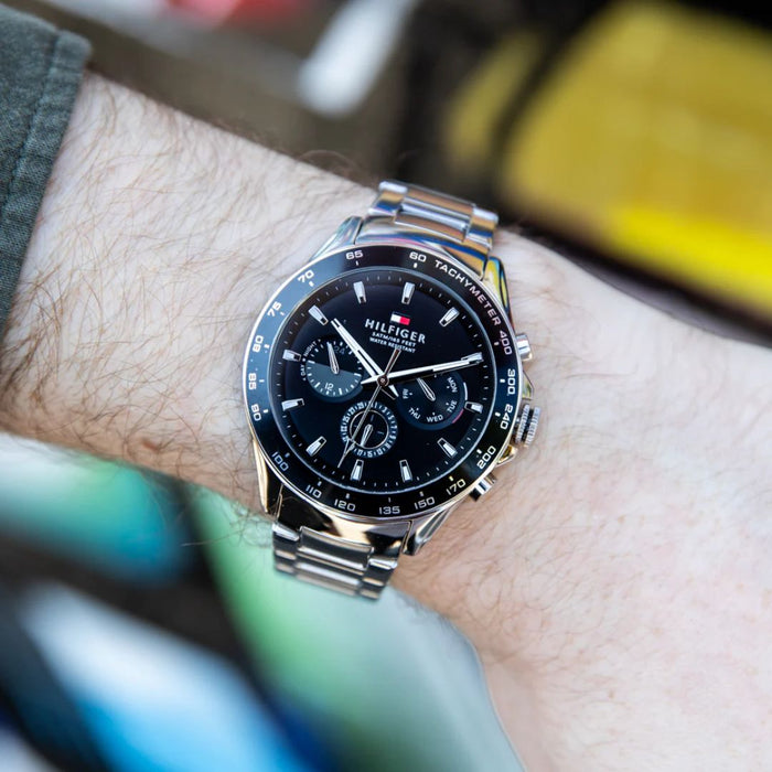 Tommy Hilfiger Men’s Black Chronograph Watch with Tachymeter Bezel 1791967 - Authentic