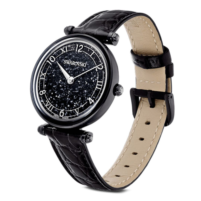 Swarovski Black Crystal Dial Leather Strap Watch – Swiss Made 5664311 - Authentic
