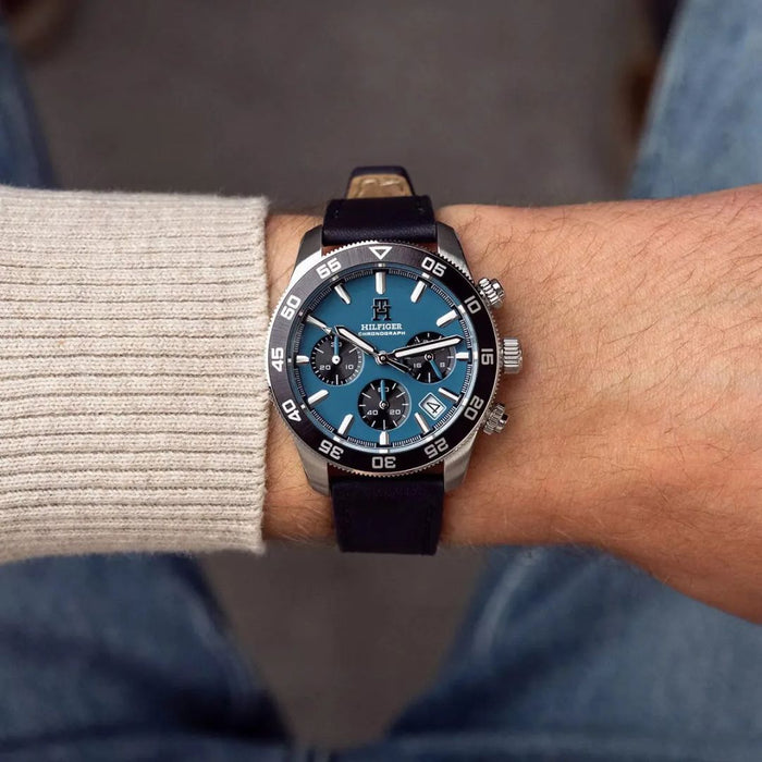 Tommy Hilfiger Chronograph – Sky Blue Dial and Navy Leather Strap 1762187 - Authentic