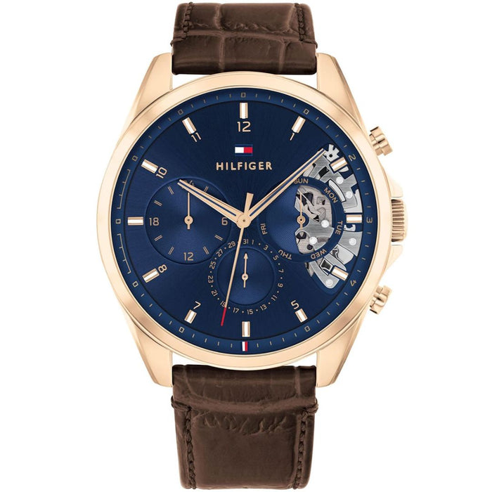 Tommy Hilfiger Men’s Gold-Tone Blue Dial Watch with Brown Leather Strap 1710453 - Authentic