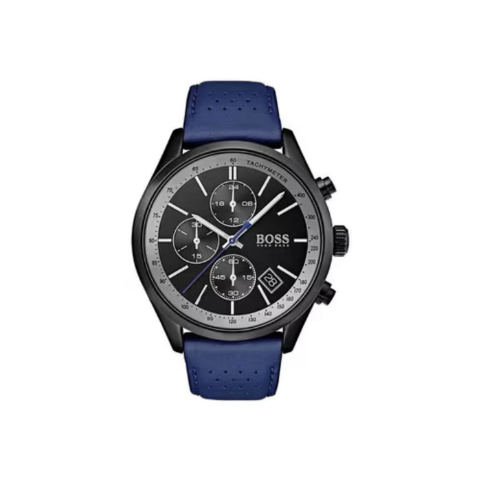 Hugo Boss Men's Chronograph Black Dial Watch with Blue Leather Strap 1513563 - Authentic