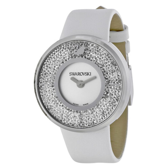 Swarovski Crystalline Pure Silver-Tone White Leather Watch 1135989 - Authentic