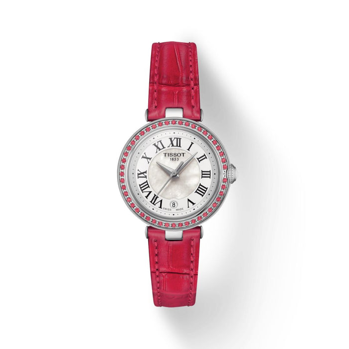 Tissot Flamingo – Mother of Pearl Dial | Red Leather Strap | Gem-Set Bezel t126.010.66.113.00 - Authentic