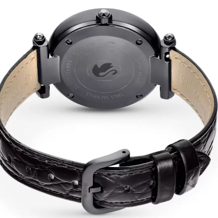 Swarovski Black Crystal Dial Leather Strap Watch – Swiss Made 5664311 - Authentic