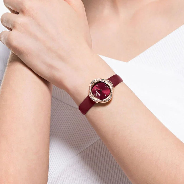 Swarovski Crystal Rose Gold Watch – Burgundy Dial & Leather Strap (Swiss Made) 5552780 - Authentic