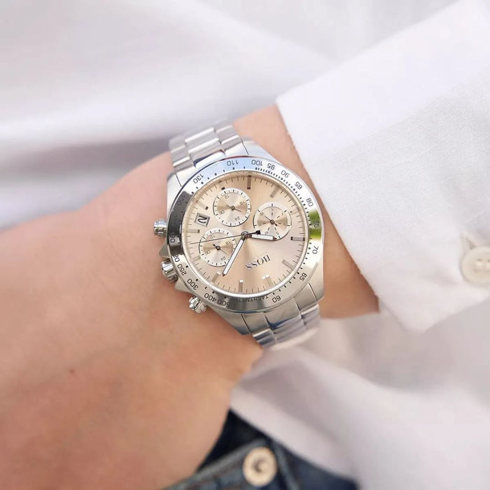 Hugo Boss Silver Chronograph Ladies Watch – Champagne Dial Tachymeter 1502615 - Authentic