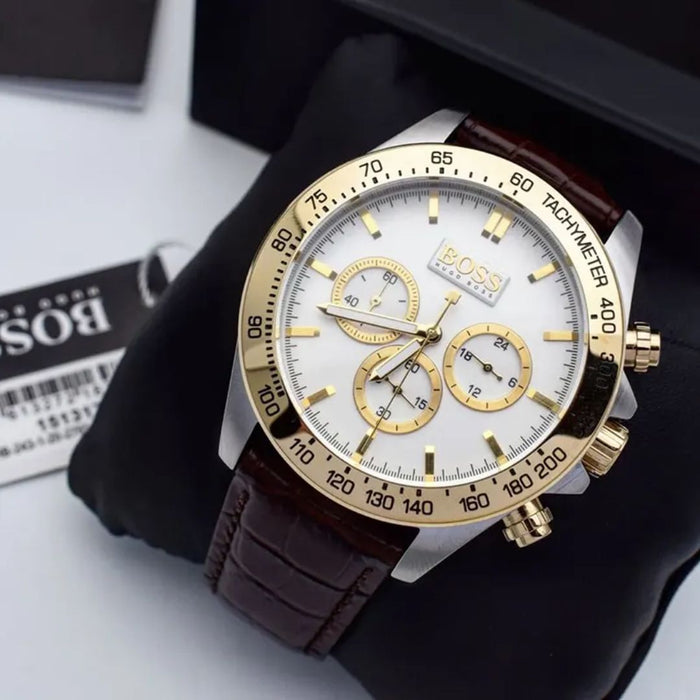 Hugo Boss Champion Chronograph – White & Gold Dial - Brown Leather Strap 1513174 - Authentic