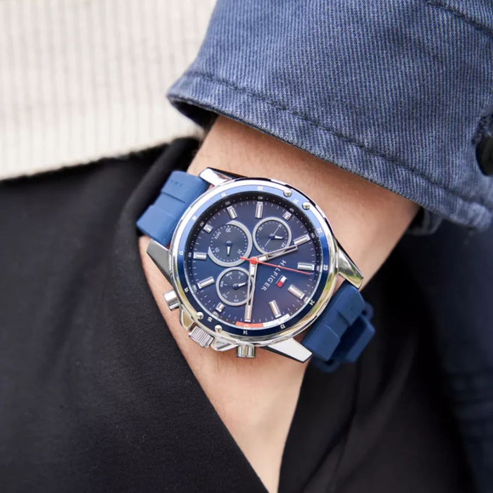 Tommy Hilfiger Men’s Blue Chronograph with Blue Silicone Strap 1791791 - Authentic
