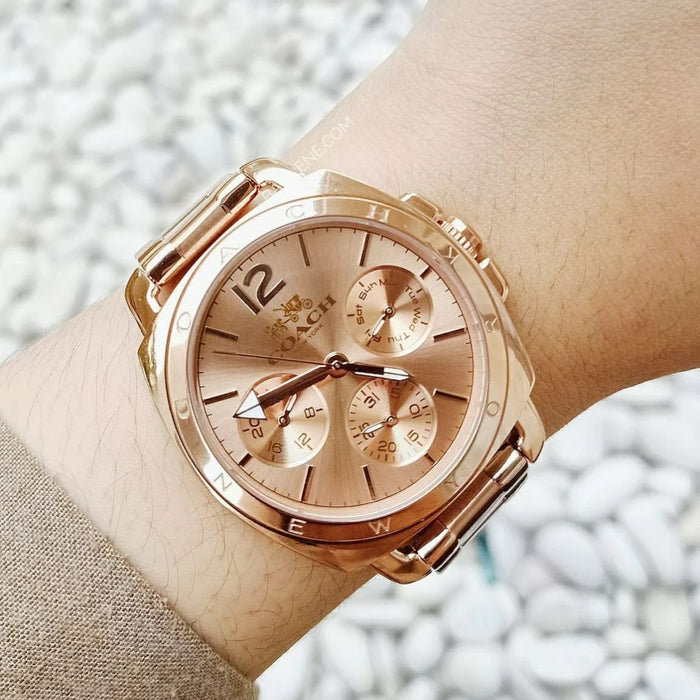 Coach Women’s Crystal Multifunction Watch – Rose Gold Dial, Black Leather Strap 14502125 - Authentic