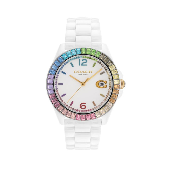 Coach New York White Women’s Watch – Rainbow Crystal Bezel & Date Display 14504019 - Authentic