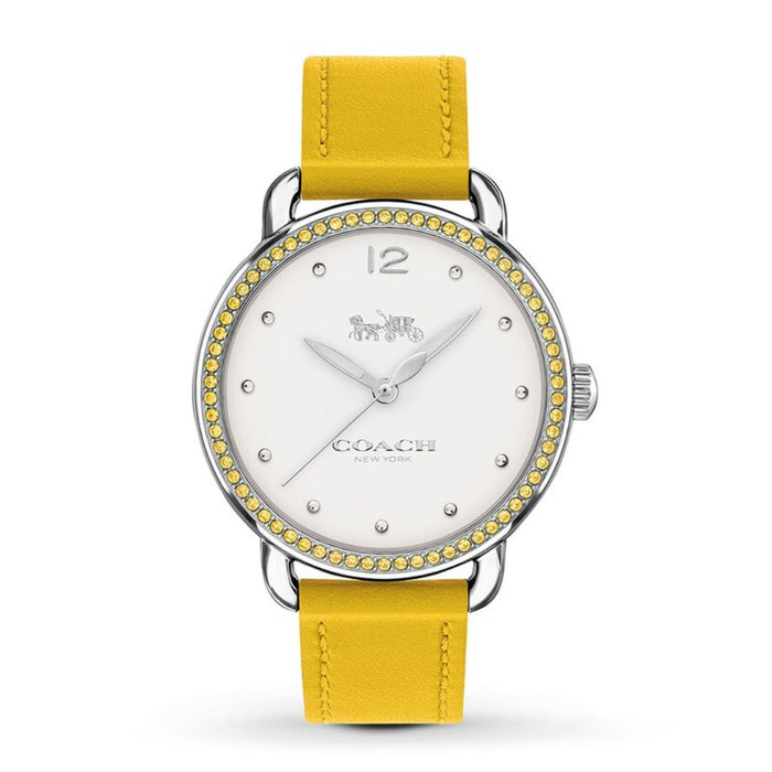 Coach Women’s Silver Watch with Yellow Crystal Bezel & Yellow Leather Strap 14502882 - Authentic