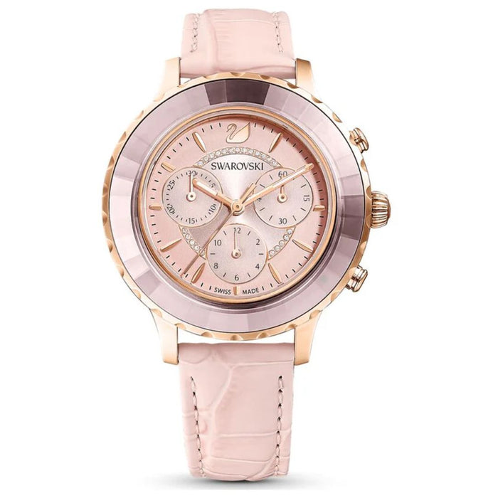 Swarovski Octea Lux Chronograph Rose Gold Pink Leather Watch - 5452501 - Authentic
