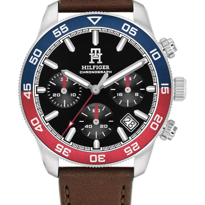 Tommy Hilfiger Chronograph – Red & Blue Bezel with Brown Leather Strap 1792166 - Authentic