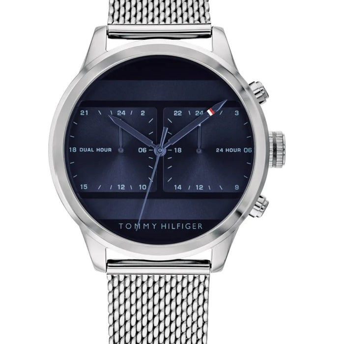 Tommy Hilfiger Dual Time Blue Dial Silver Mesh Strap 1791596 - Authentic