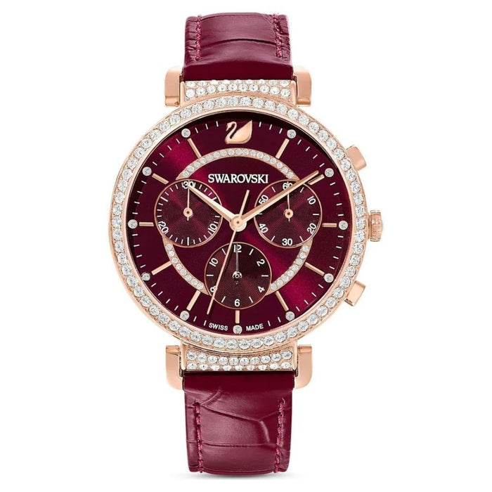 Swarovski Crystalline Delight Chronograph Burgundy Leather Watch - 5580345 - Authentic
